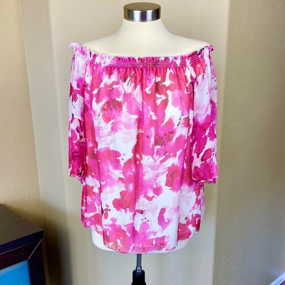 Worth Silk Crinkle Chiffon Pink and White Off The Shoulder Blouse, Small - Picture 2 of 13